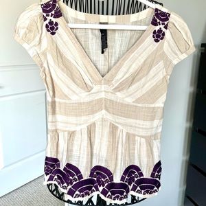 Anthropology Cap Sleeves Cotton Embroidery Top